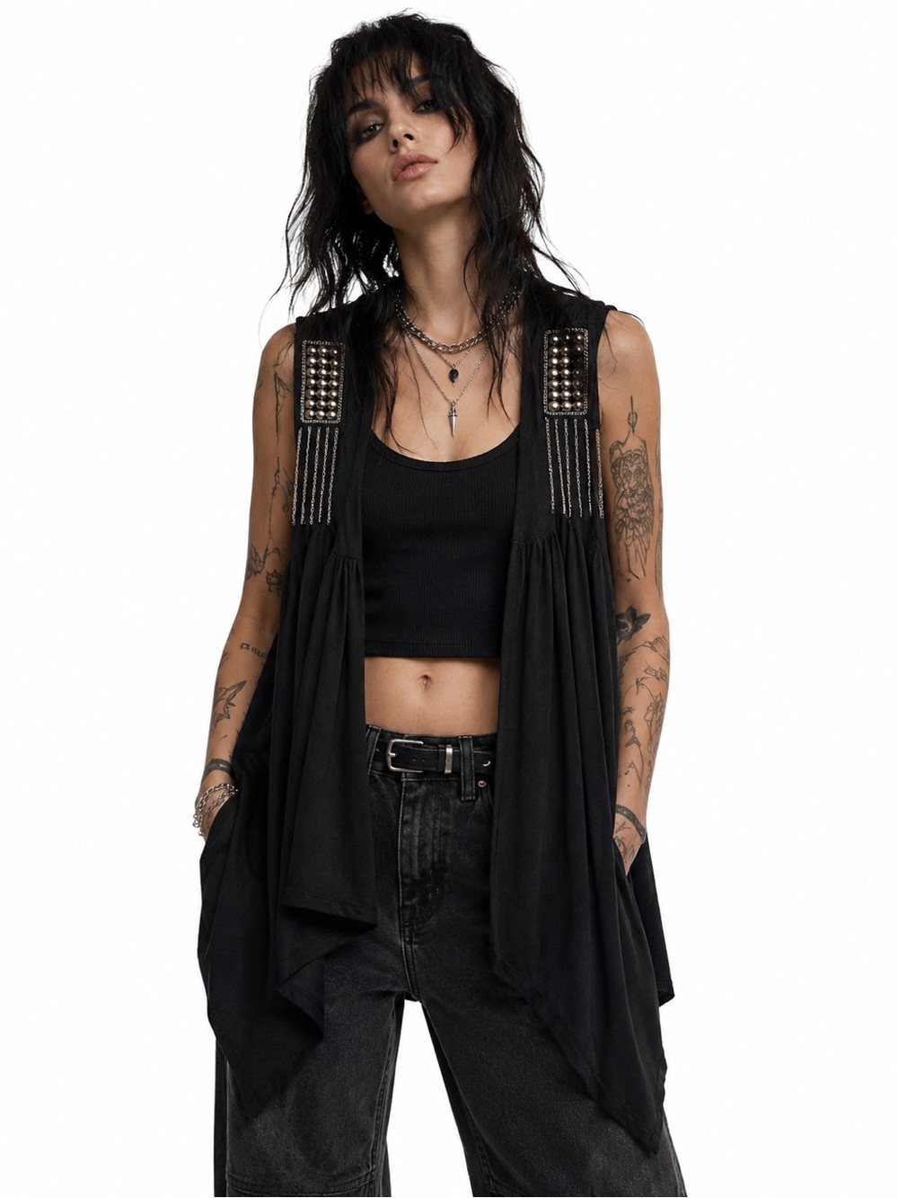💗5 for $25💗 Stud-Embellished Black Draped Vest - Plus Women